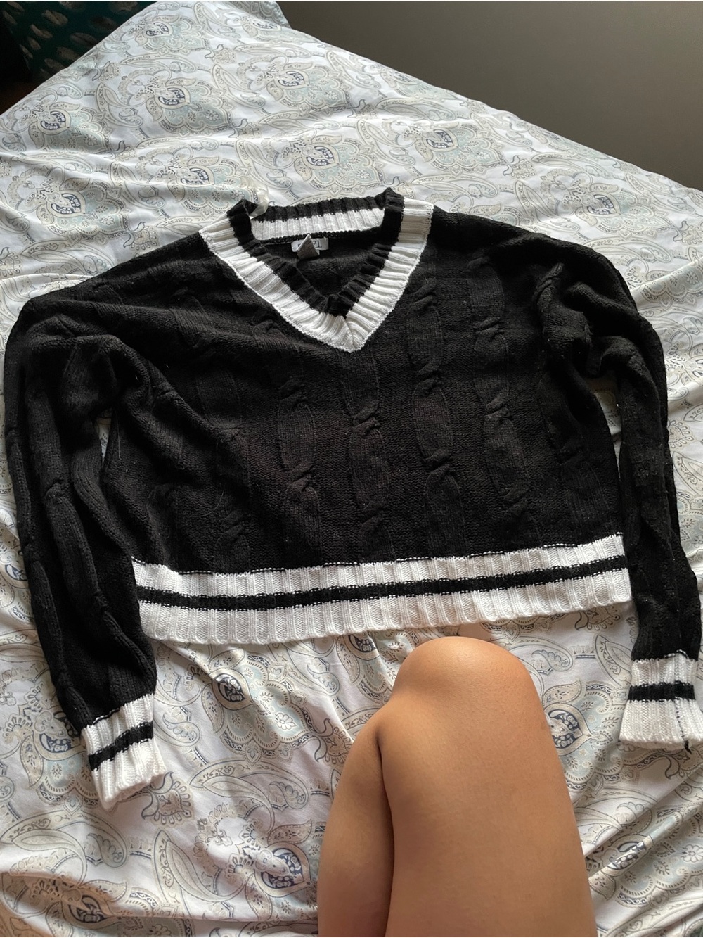 Argyle black and white v neck sweater